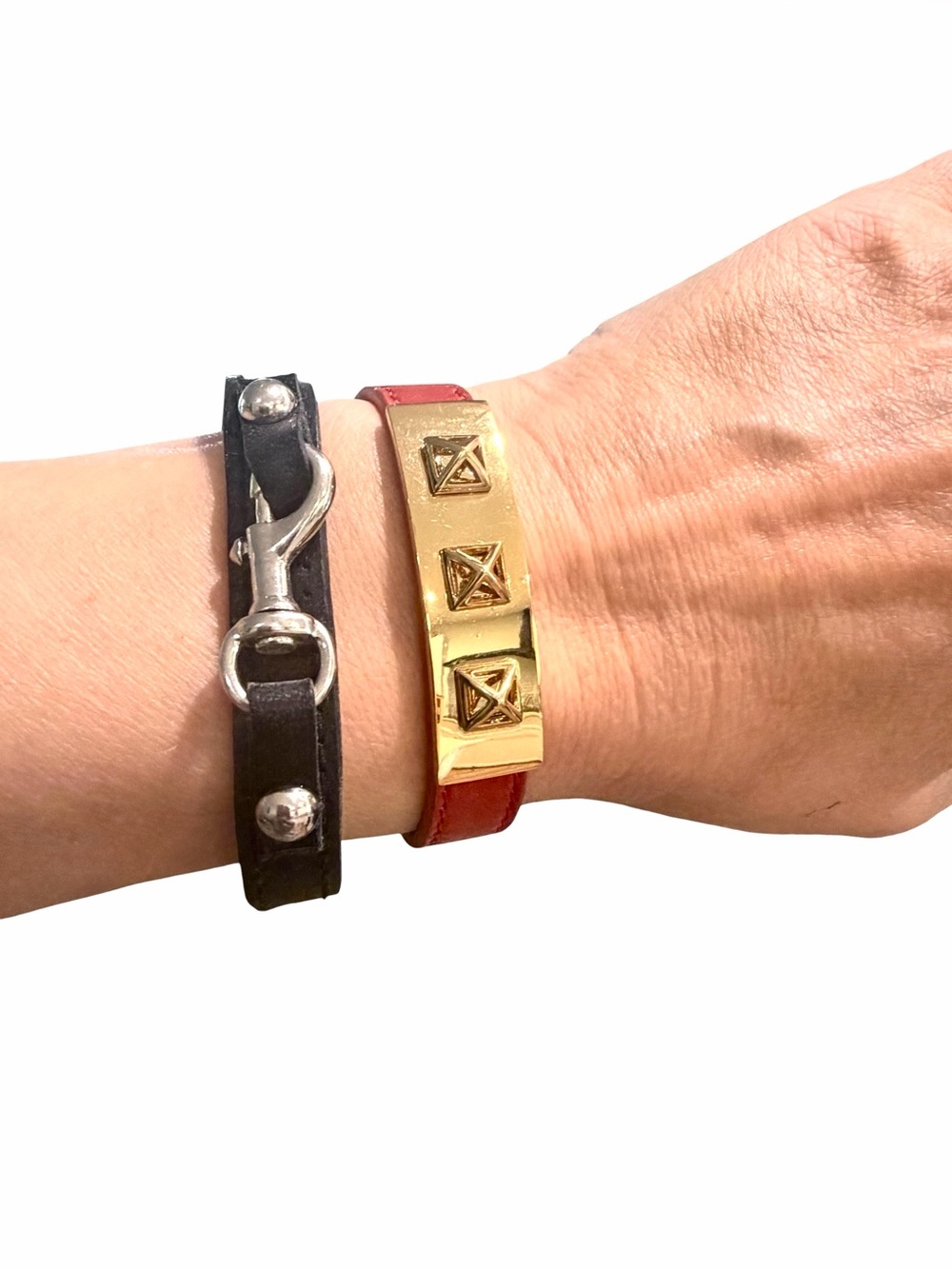 Rebecca Minkoff Leather Bracelet Stack • Black Dog Clip & Red Pyramid Cuff (Set